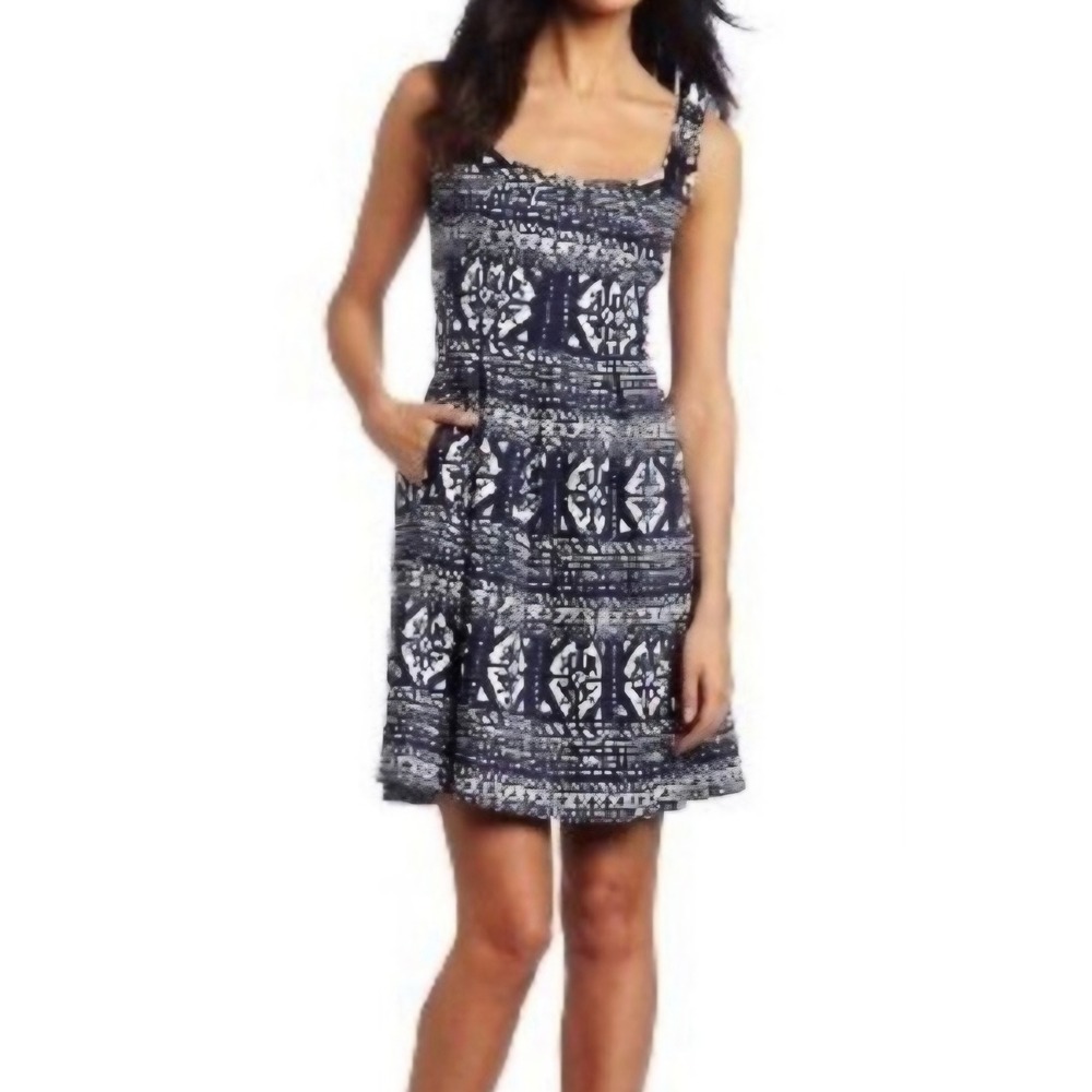 Nine West Navy Blue White Geometric Print Fit & Flare Dress with Pockets Size 4